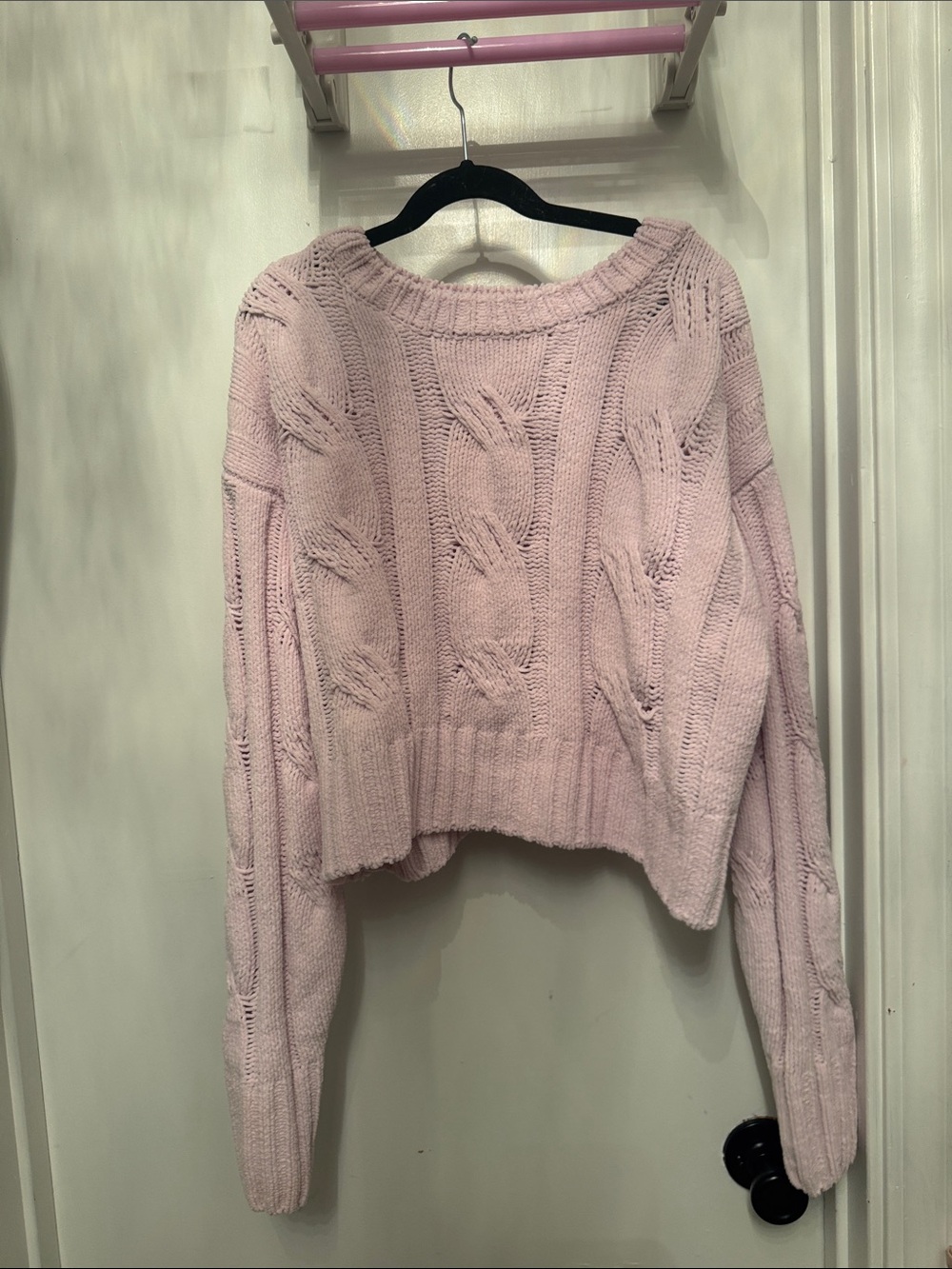 Garage Light Pink Cable-Knit Cropped Crew Sweater